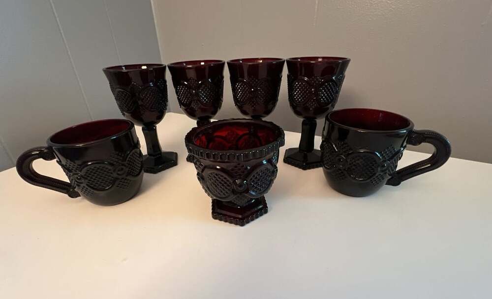 Avon 1876 Cape Cod Collection Ruby Red Glassware Set (7 Pieces)
